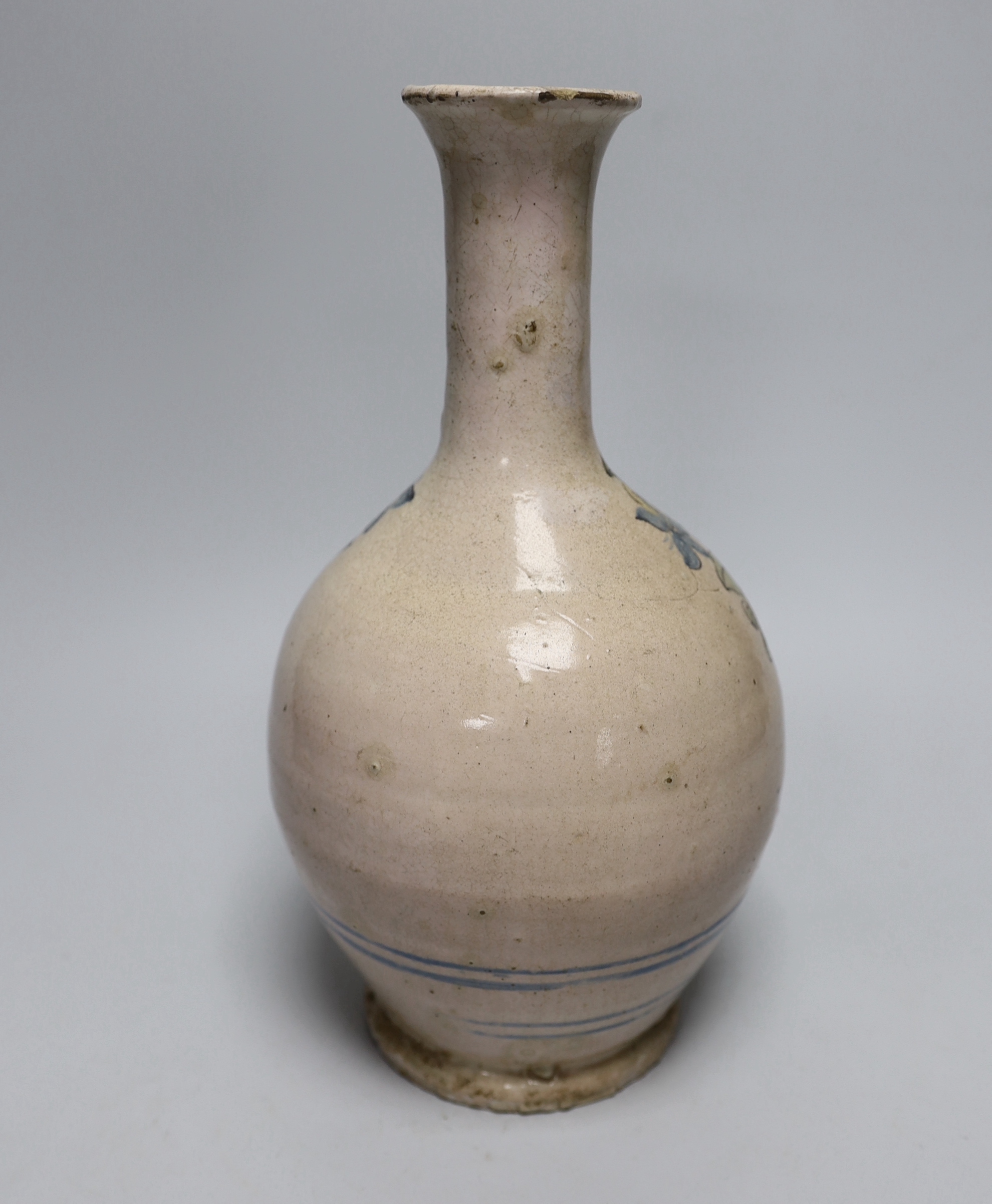 An 18th century Italian maiolica pottery bottle vase, 27cm high